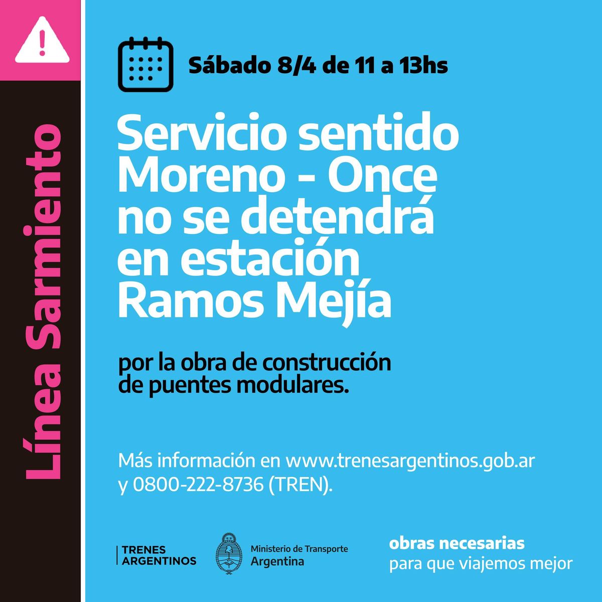 El Tren Sarmiento no se detendrá en Ramos Mejía por obras.