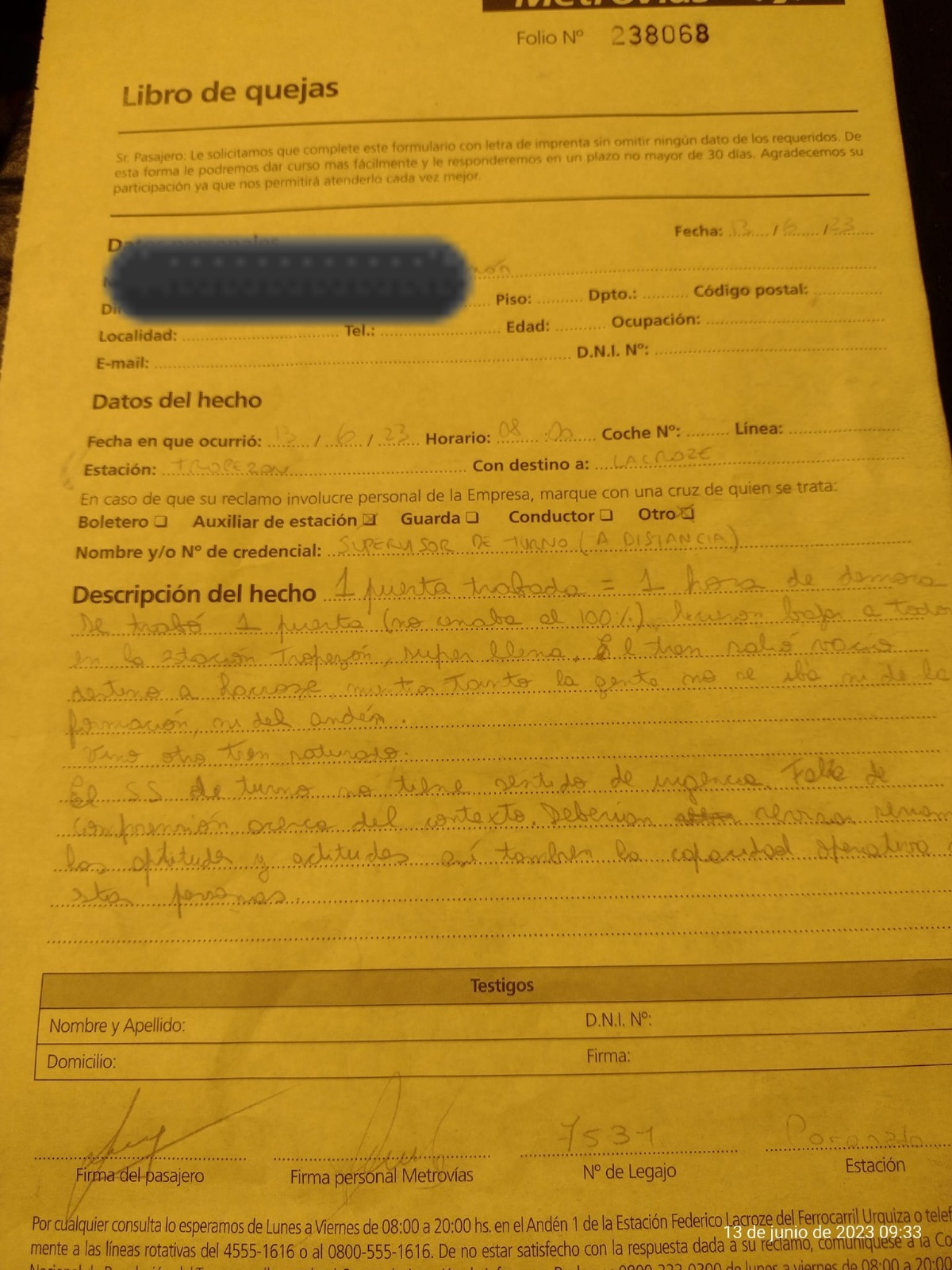 Una de las quejas dejadas a la administración del Tren Urquiza.