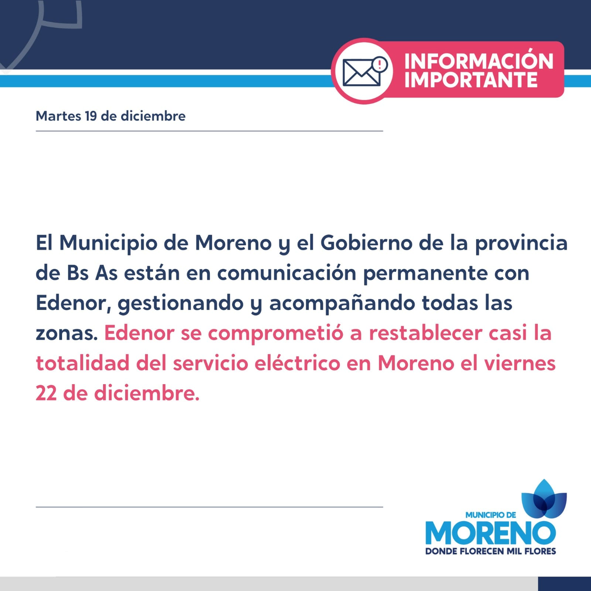 Comunicado oficial del Municipio de Moreno.