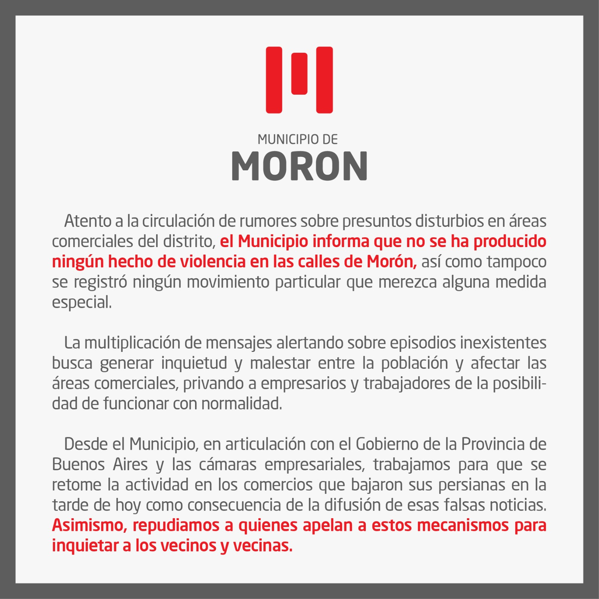 Morón: el Municipio desmiente saqueos en el centro comercial