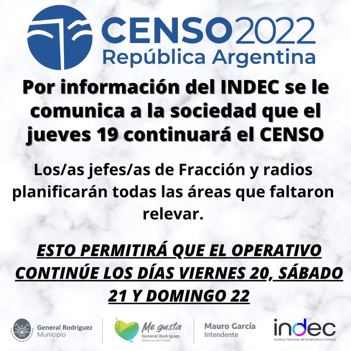 En General Rodríguez ya anunciaron que continuará el Censo 2022
